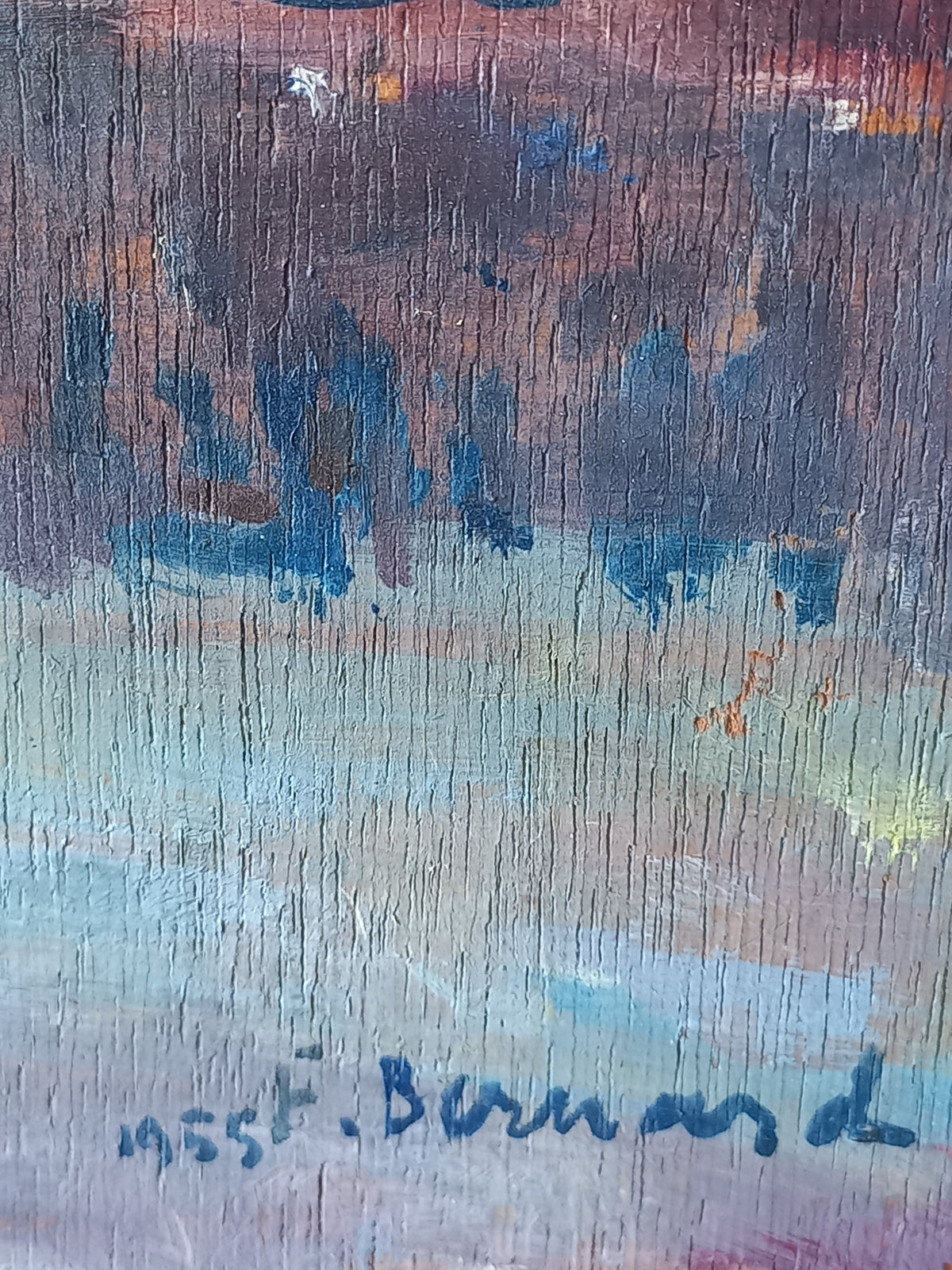 An abstract painted artwork with textured brushstrokes in blue, purple, pink, and beige tones, signed 'F. Bernard 1955' at the bottom.