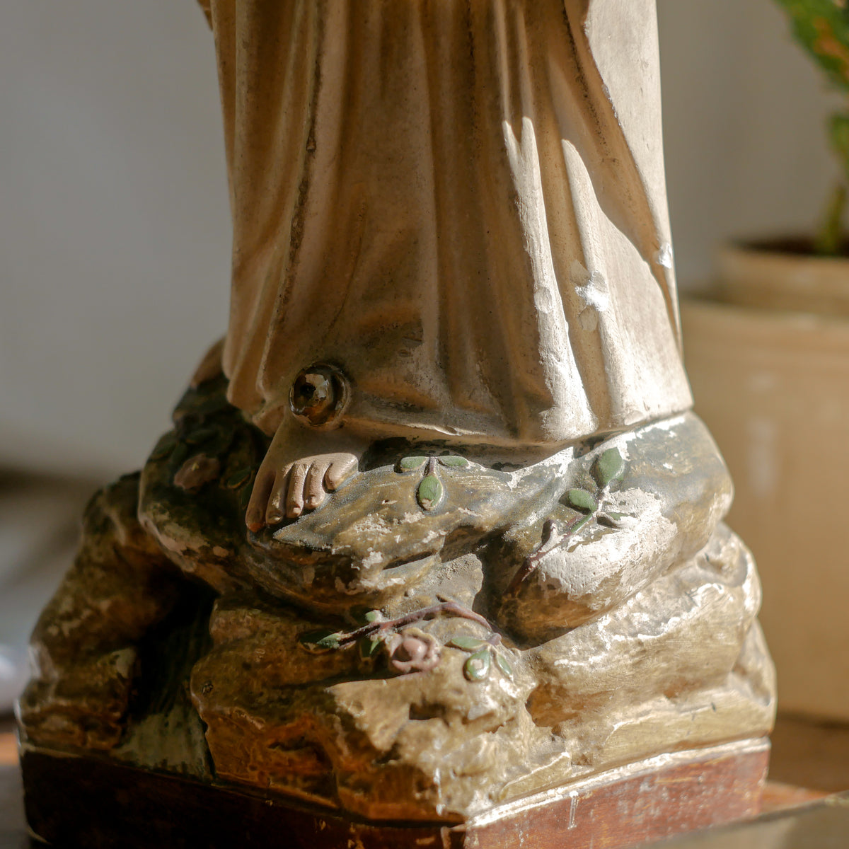 A large and stunning French vintage/antique religious Madonna figurine with wonderful subtle and time-faded coloring, a hard to find piece in this wonderful condition which has just the right amount of aging. This beautiful statue makes excellent religious decor in any home.
