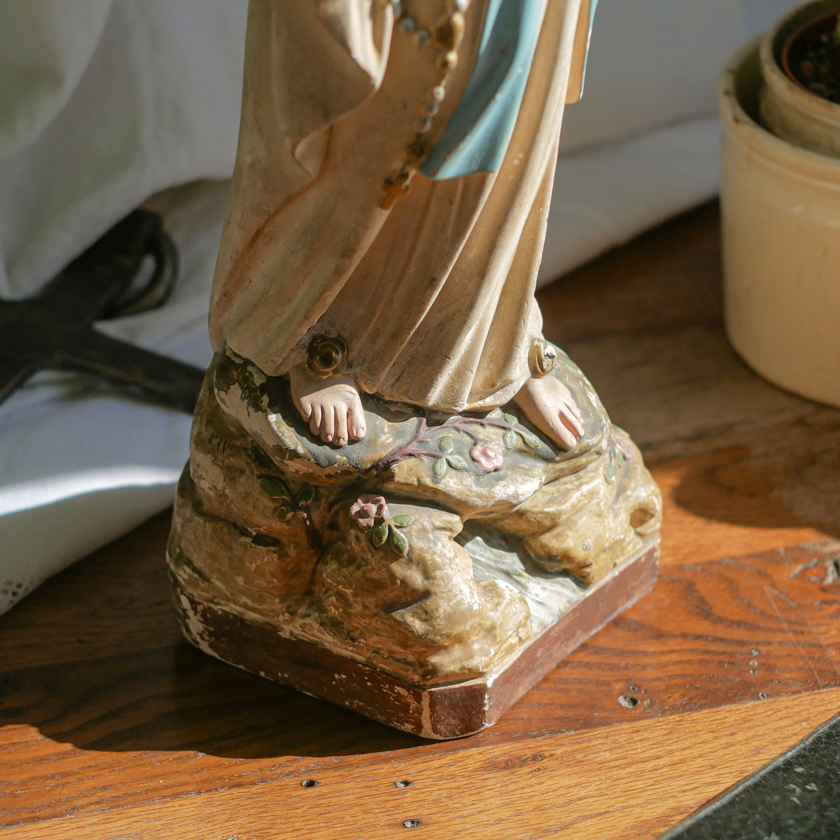 A large and stunning French vintage/antique religious Madonna figurine with wonderful subtle and time-faded coloring, a hard to find piece in this wonderful condition which has just the right amount of aging. This beautiful statue makes excellent religious decor in any home.