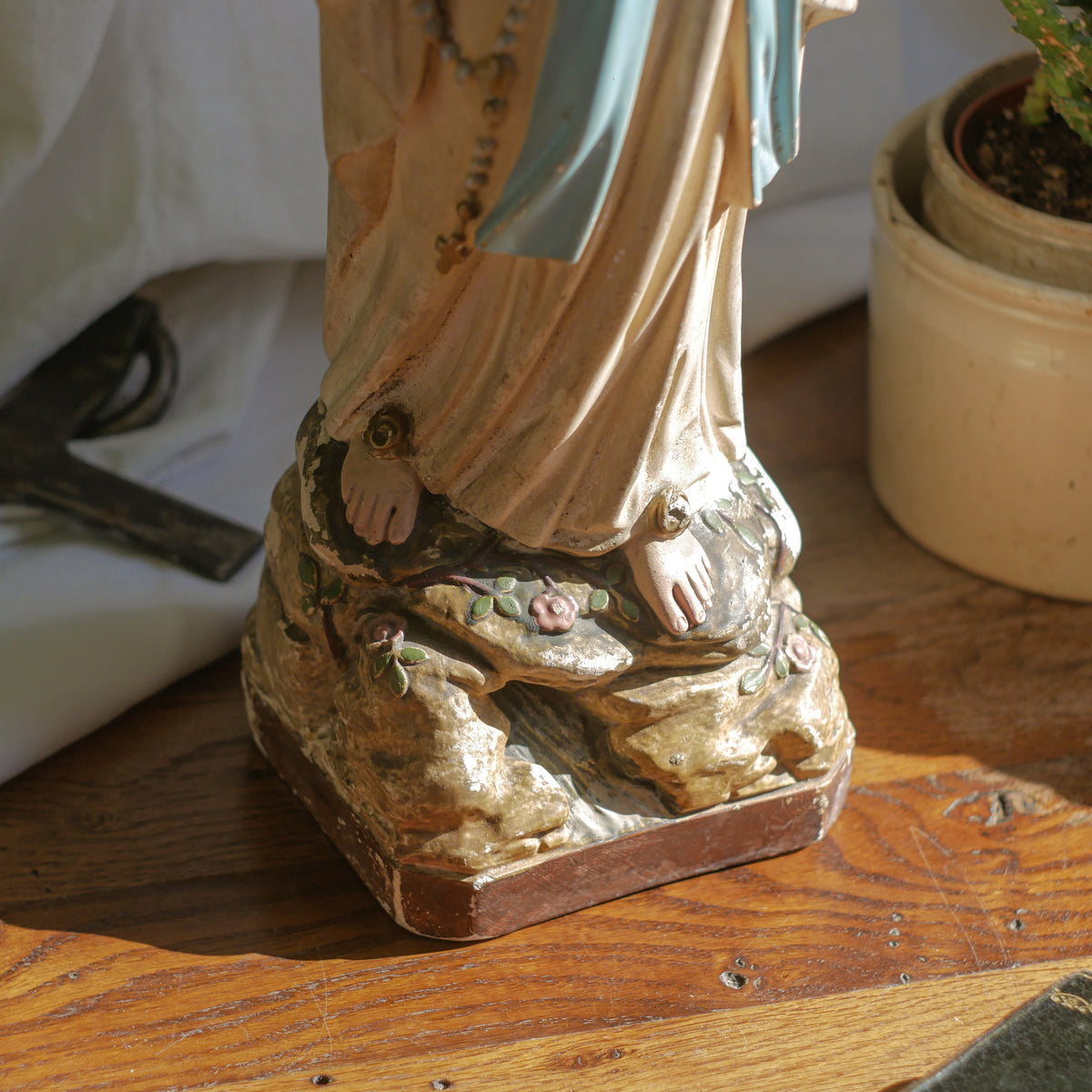 A large and stunning French vintage/antique religious Madonna figurine with wonderful subtle and time-faded coloring, a hard to find piece in this wonderful condition which has just the right amount of aging. This beautiful statue makes excellent religious decor in any home.