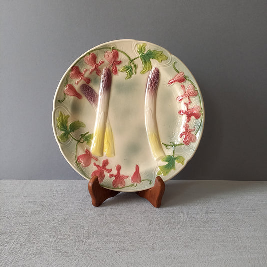 Vintage majolica asparagus plate from France by St Clements, country home decor, farmhouse kitchen decor