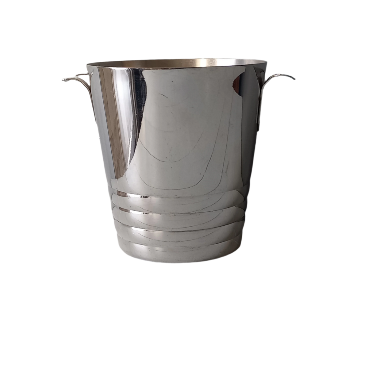 A French vintage chrome metal art deco style champagne bucket, wine cooler or ice bucket, a heavy, quality piece.