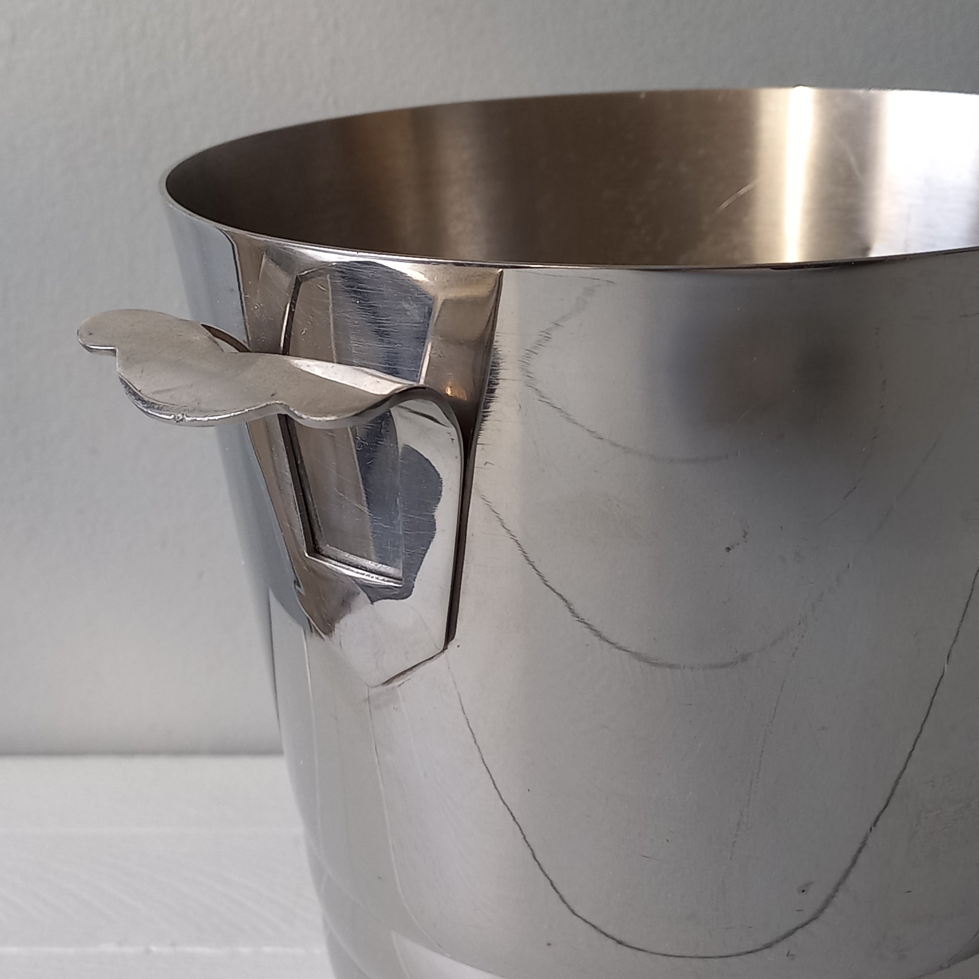 A French vintage chrome metal art deco style champagne bucket, wine cooler or ice bucket, a heavy, quality piece.