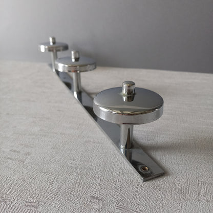 Vintage 3 peg metal coat rack with chrome finish, modernist hat rack