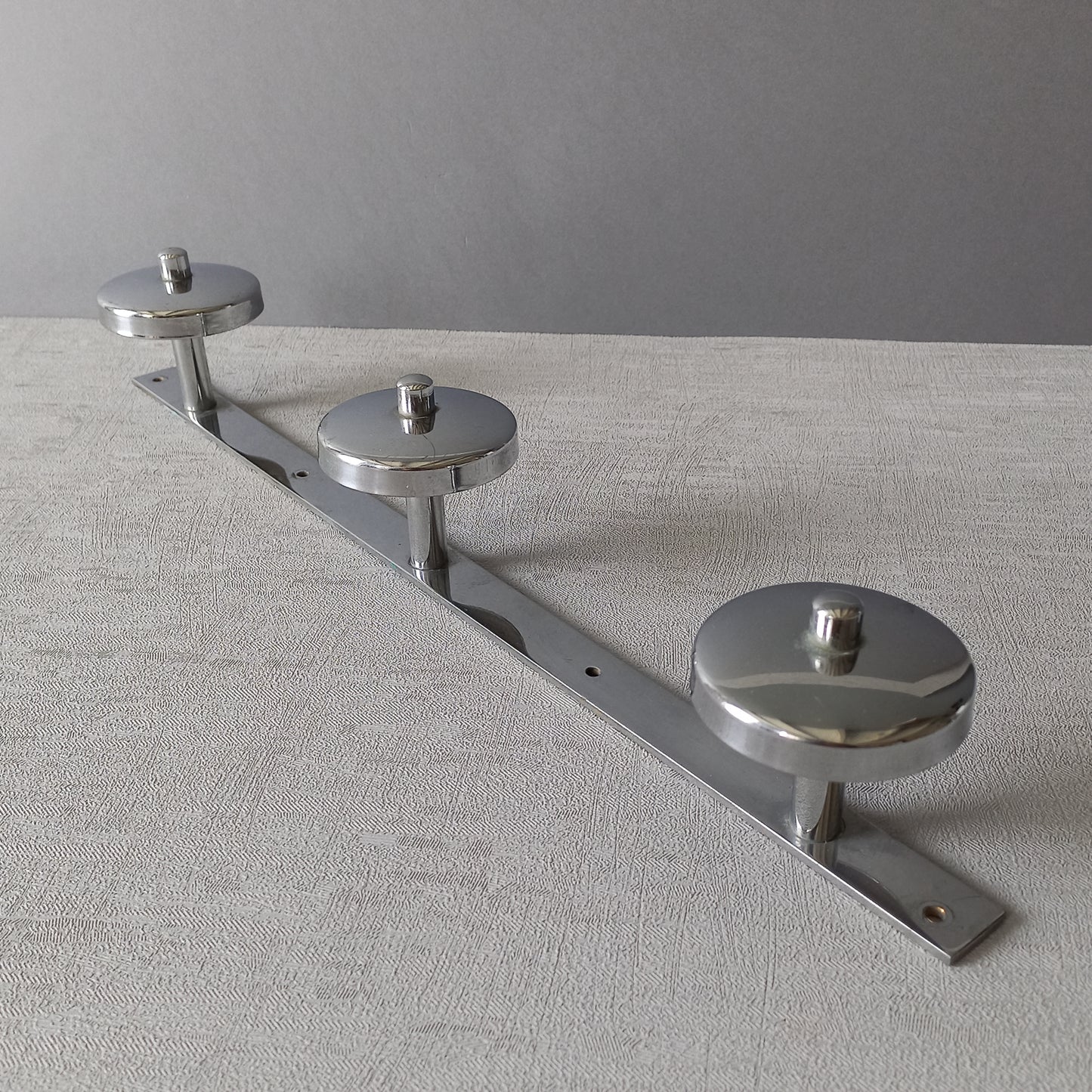 Vintage 3 peg metal coat rack with chrome finish, modernist hat rack