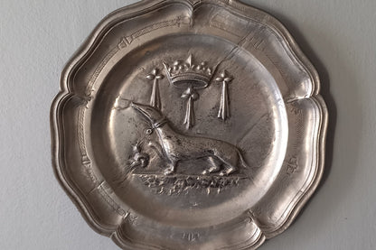 Small vintage pewter coat of arms plate from France, embossed salamander coat of arms