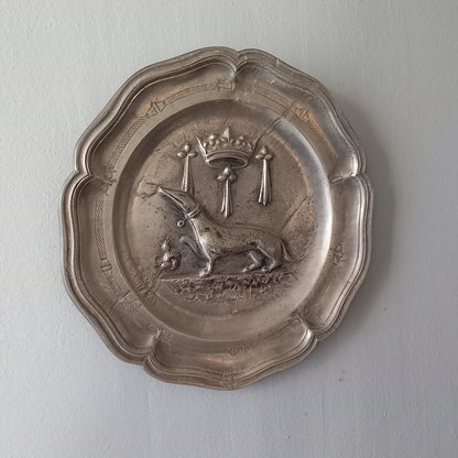 Small vintage pewter coat of arms plate from France, embossed salamander coat of arms