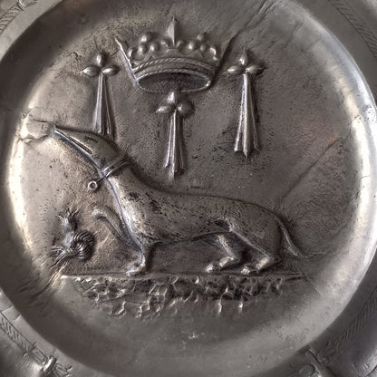 Small vintage pewter coat of arms plate from France, embossed salamander coat of arms