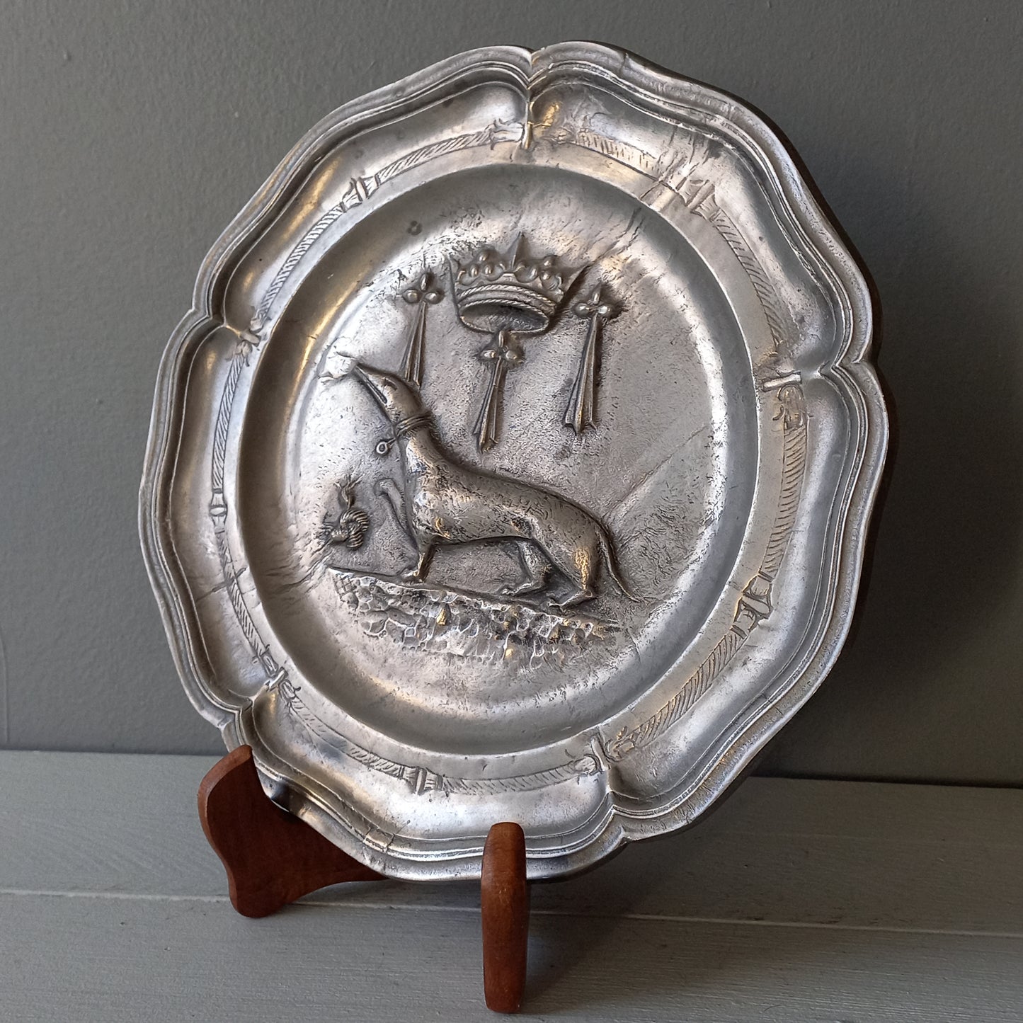 Small vintage pewter coat of arms plate from France, embossed salamander coat of arms