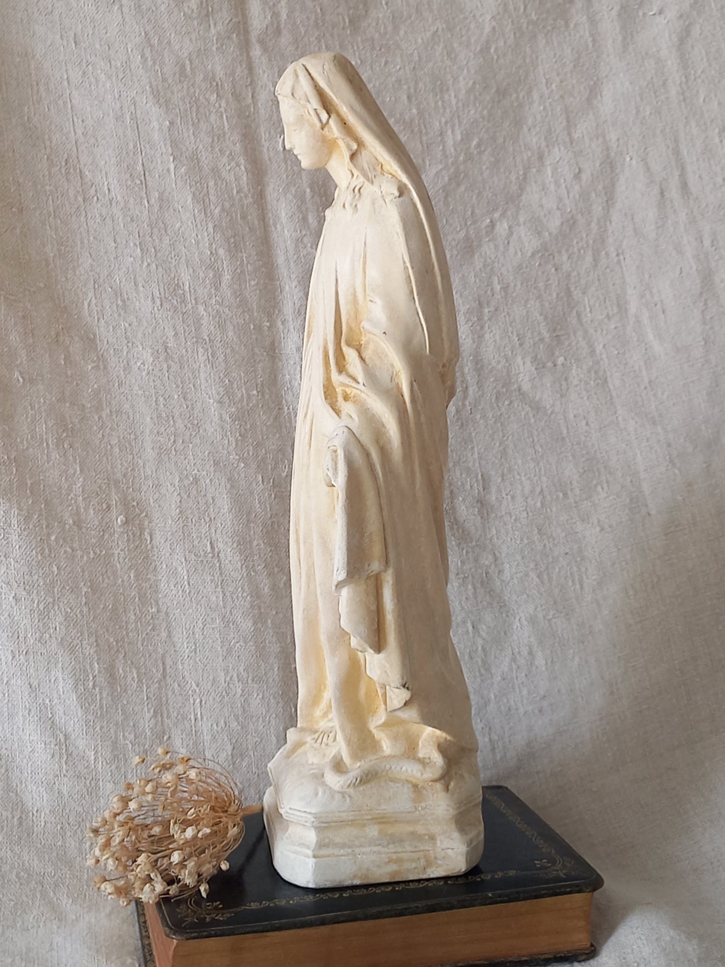 French vintage religious Madonna figurine made from plaster.