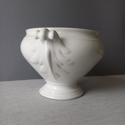 A large French vintage white lidless tureen with glorious oak leaf handles, a heavy and quality tureen that is perfect as a fruit bowl.