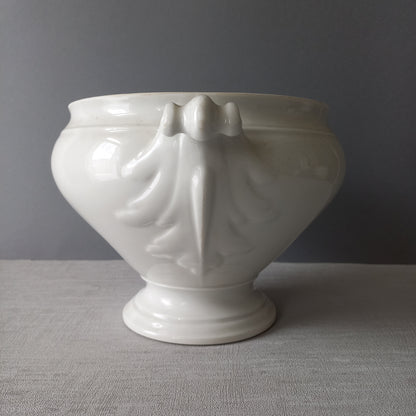 A large French vintage white lidless tureen with glorious oak leaf handles, a heavy and quality tureen that is perfect as a fruit bowl.