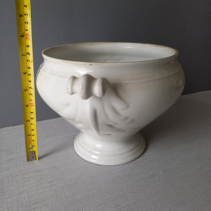 A large French vintage white lidless tureen with glorious oak leaf handles, a heavy and quality tureen that is perfect as a fruit bowl.