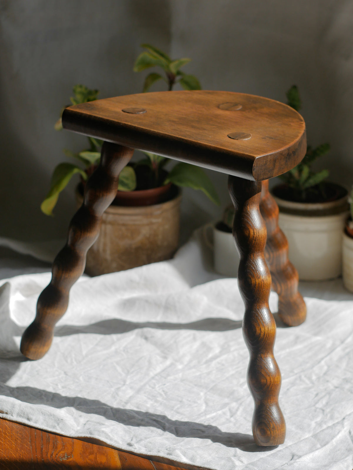 Vintage French Wooden Stool with Three Turned Legs, Decorative Use Only