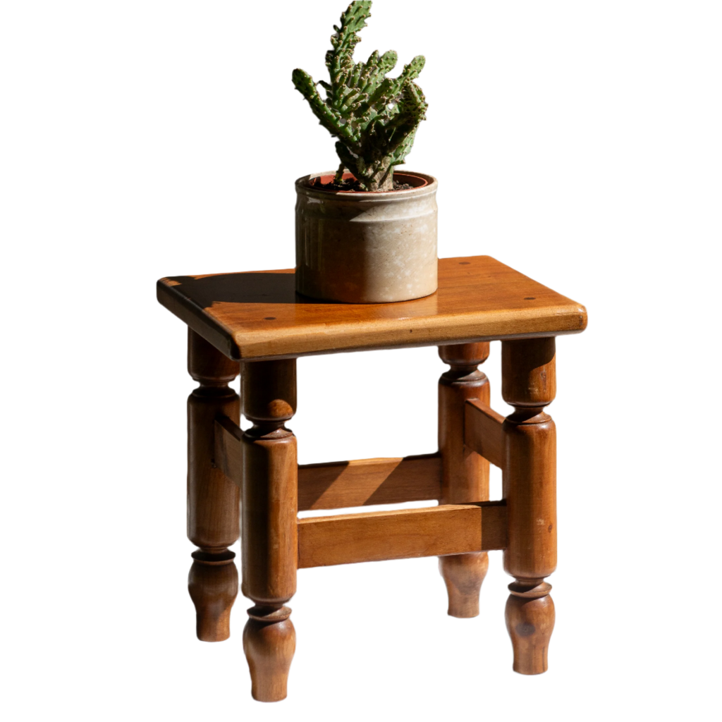 A handsome vintage French wooden stool in a lovely shade of honey-coloured brown. This old stool is very solid and would make a great plant stand (we currently use one on our desk as a plant stand and it looks great!) and many other decorative possibilities.