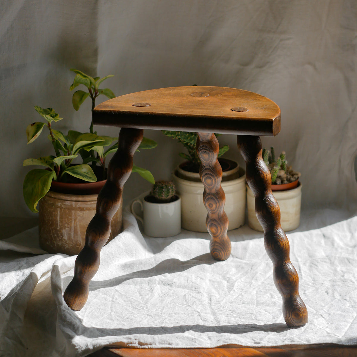 Vintage French Wooden Stool with Three Turned Legs, Decorative Use Only