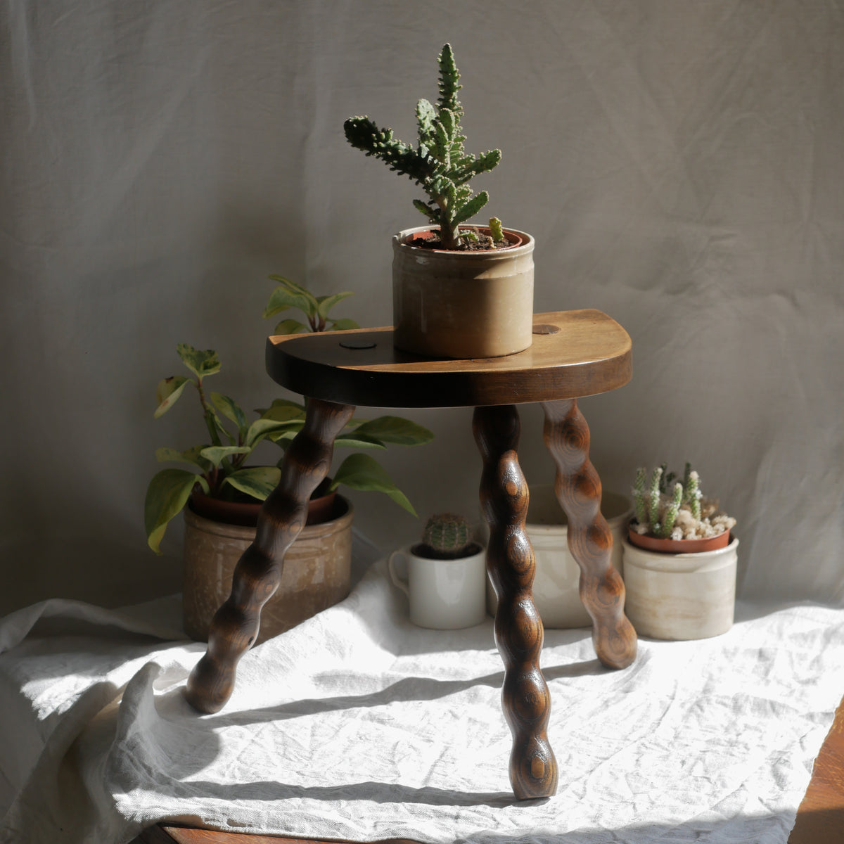 Vintage French Wooden Stool with Three Turned Legs, Decorative Use Only