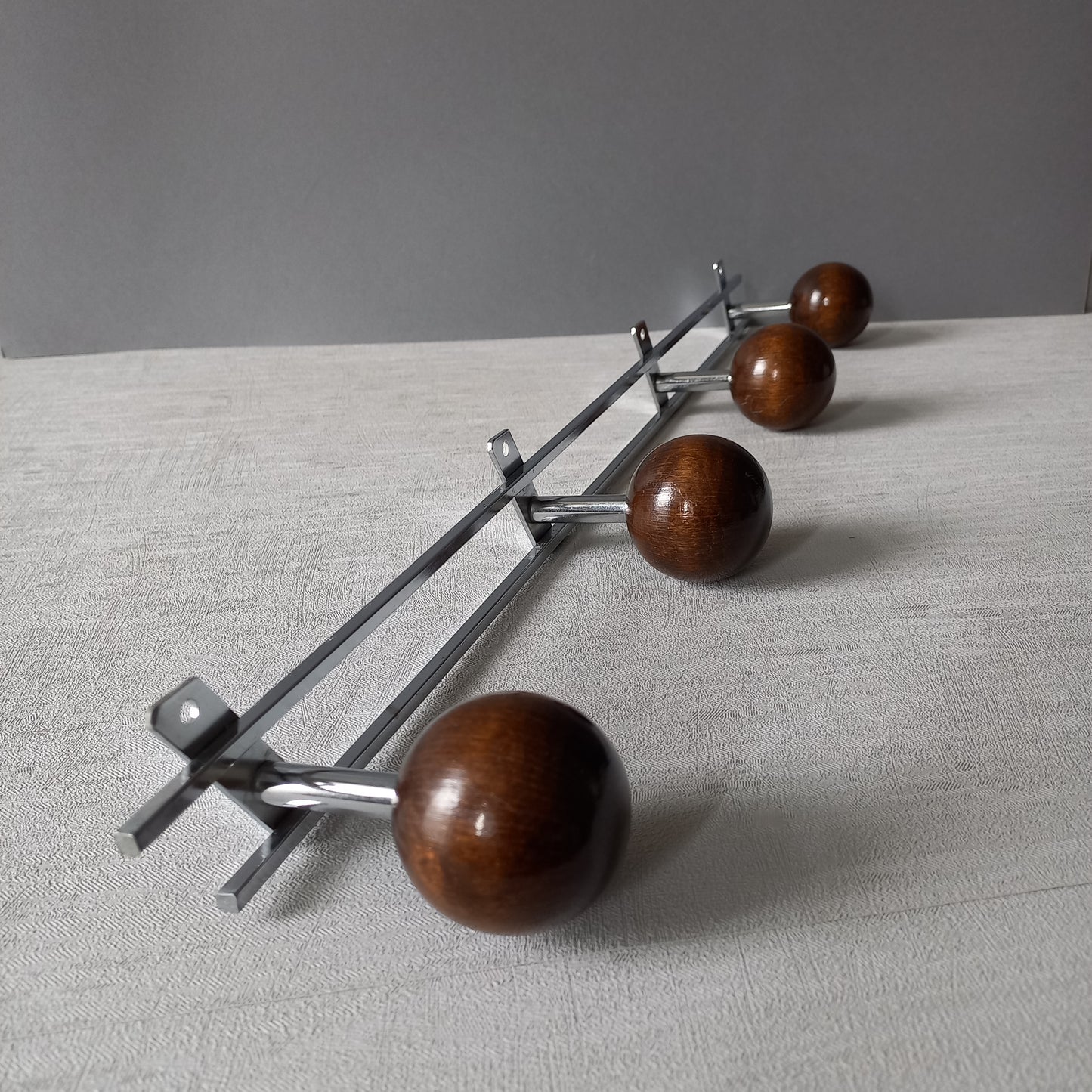 French vintage 4 peg coat rack, metal and wood, modernist coat rack, vintage wall decor