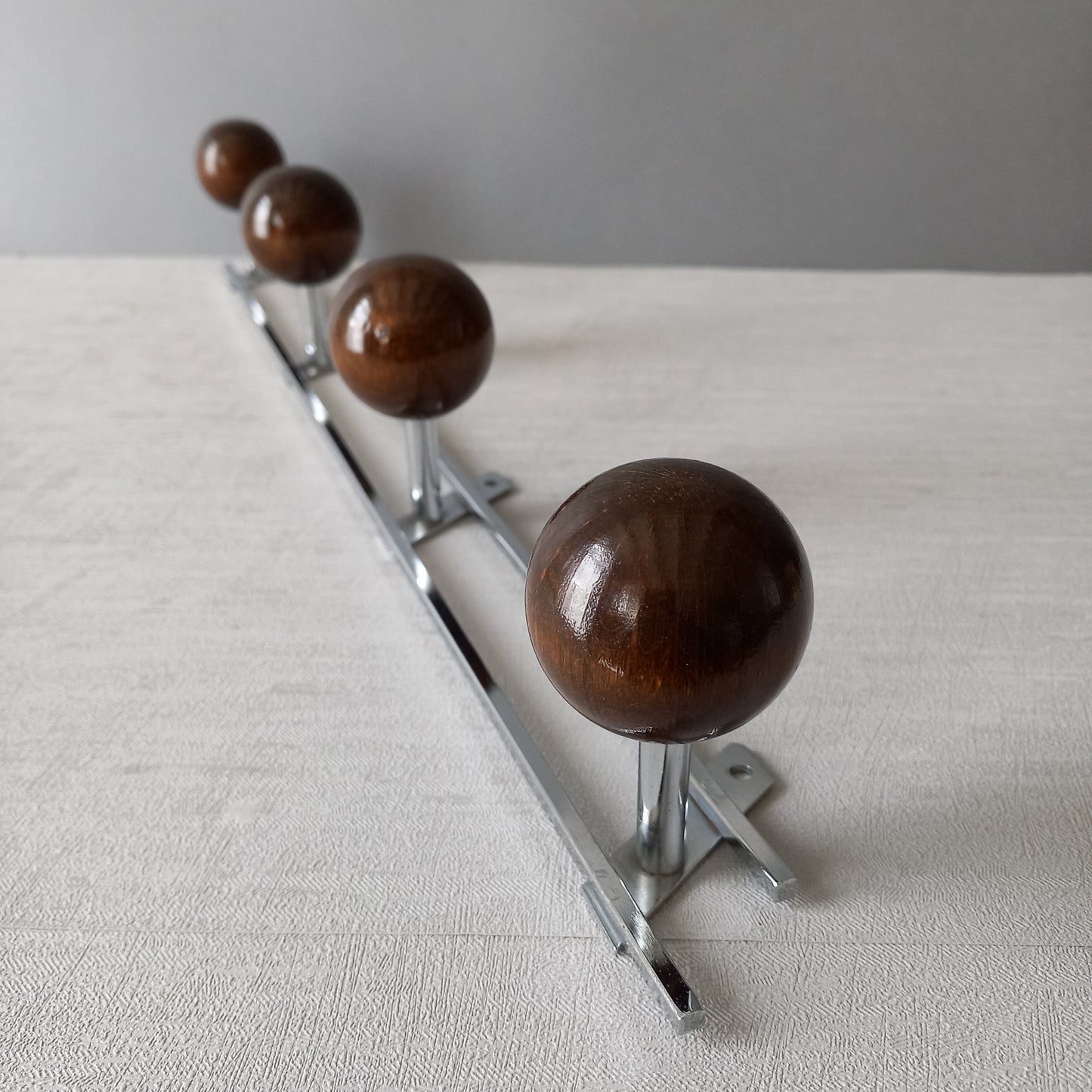 French vintage 4 peg coat rack, metal and wood, modernist coat rack, vintage wall decor