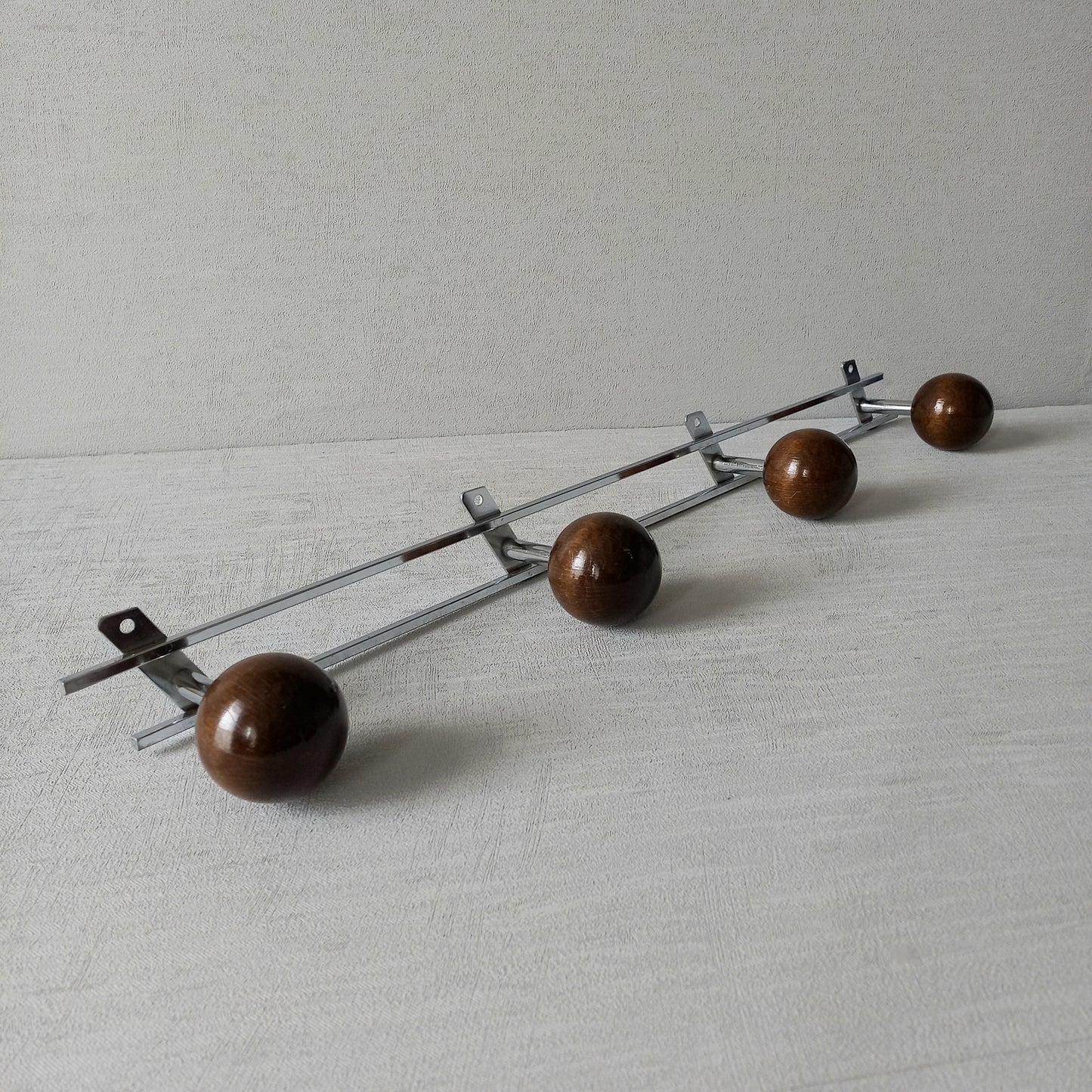 French vintage 4 peg coat rack, metal and wood, modernist coat rack, vintage wall decor