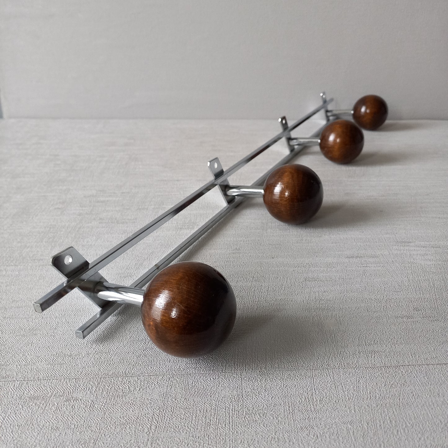 French vintage 4 peg coat rack, metal and wood, modernist coat rack, vintage wall decor