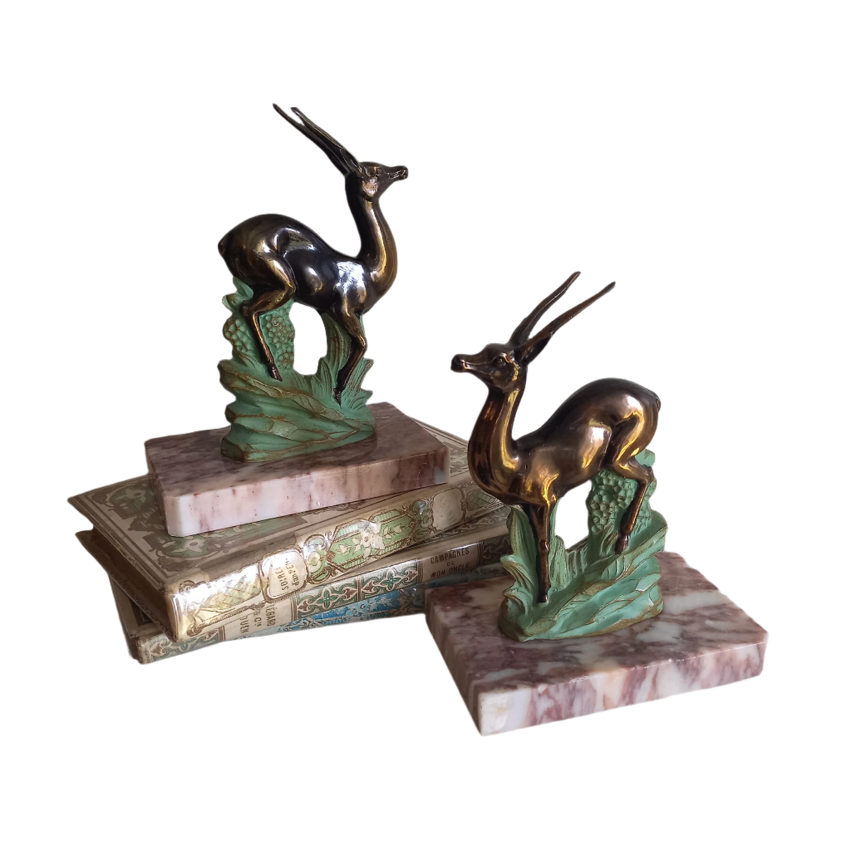 Serre-livres vintage avec figurines en métal de cerf, d'antilope, de gazelle de France, range-livres, étagère et décoration de bureau