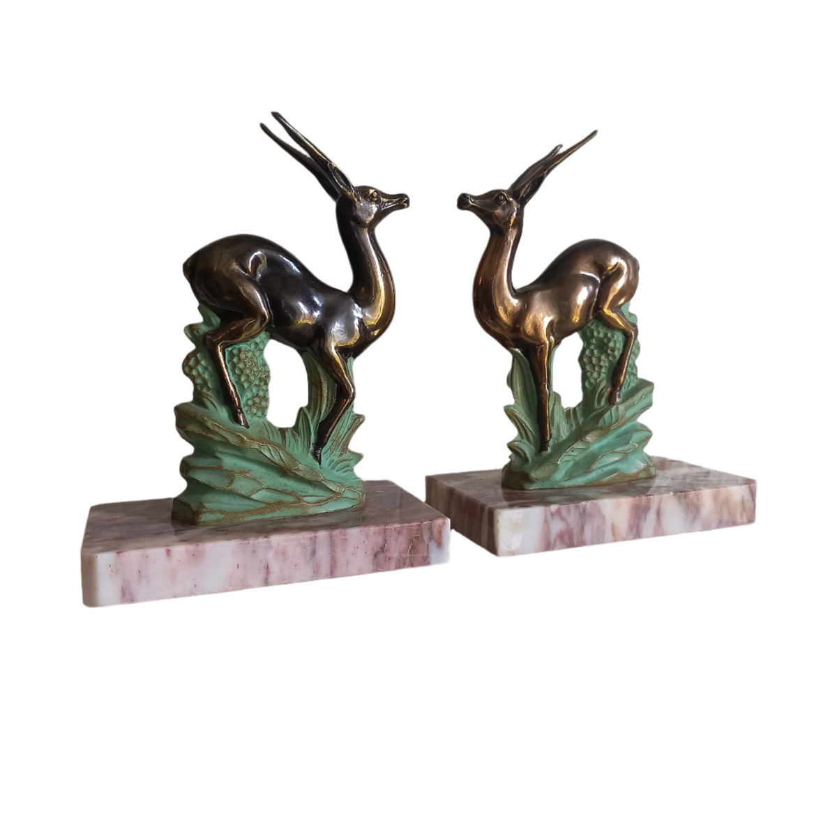 Serre-livres vintage avec figurines en métal de cerf, d'antilope, de gazelle de France, range-livres, étagère et décoration de bureau