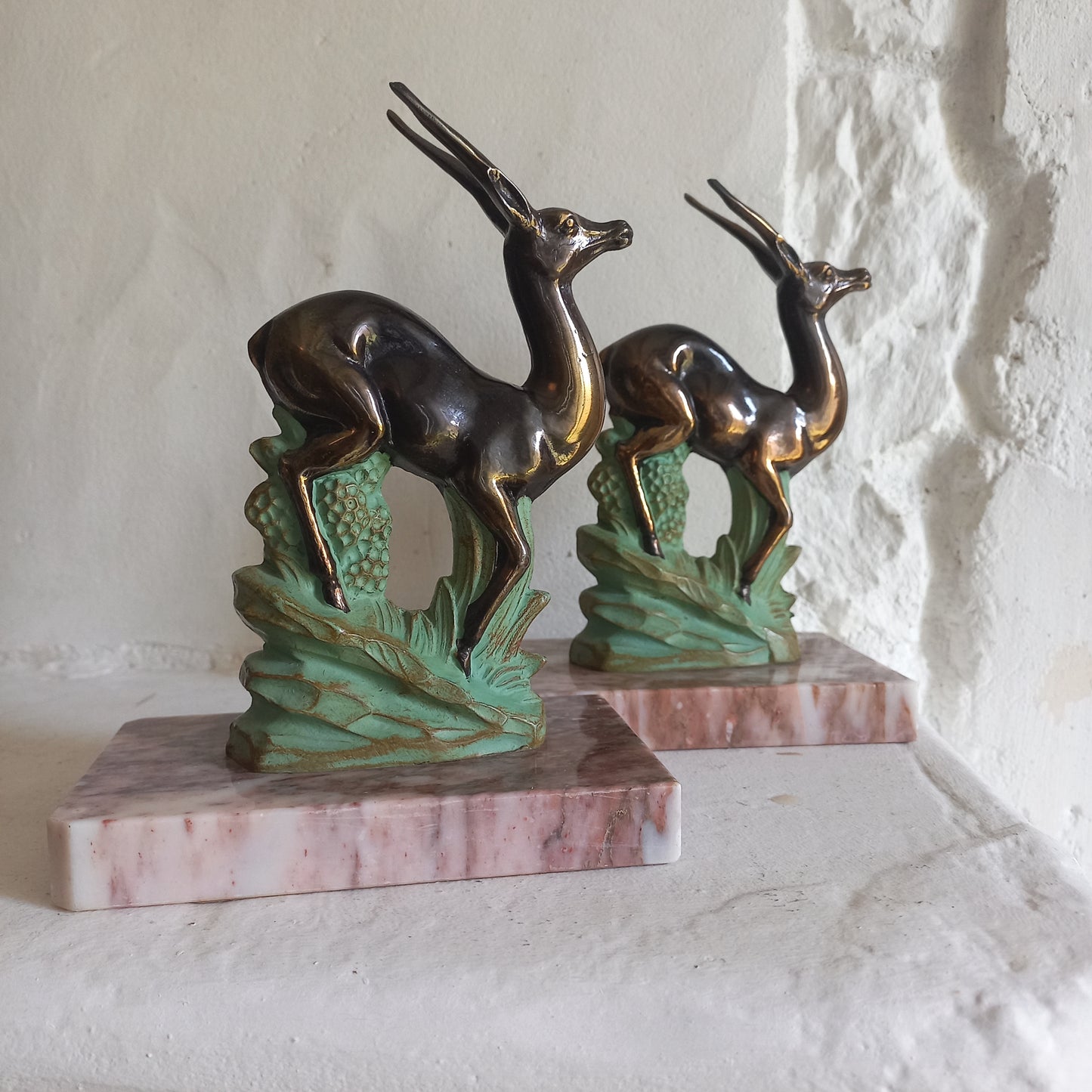 Vintage bookends with deer, antelope, gazelle metal figurines from France, book tidy, shelve and desk decor