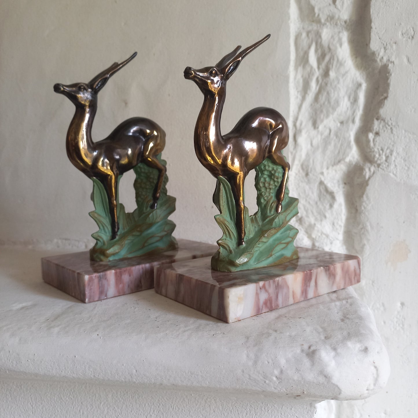 Vintage bookends with deer, antelope, gazelle metal figurines from France, book tidy, shelve and desk decor