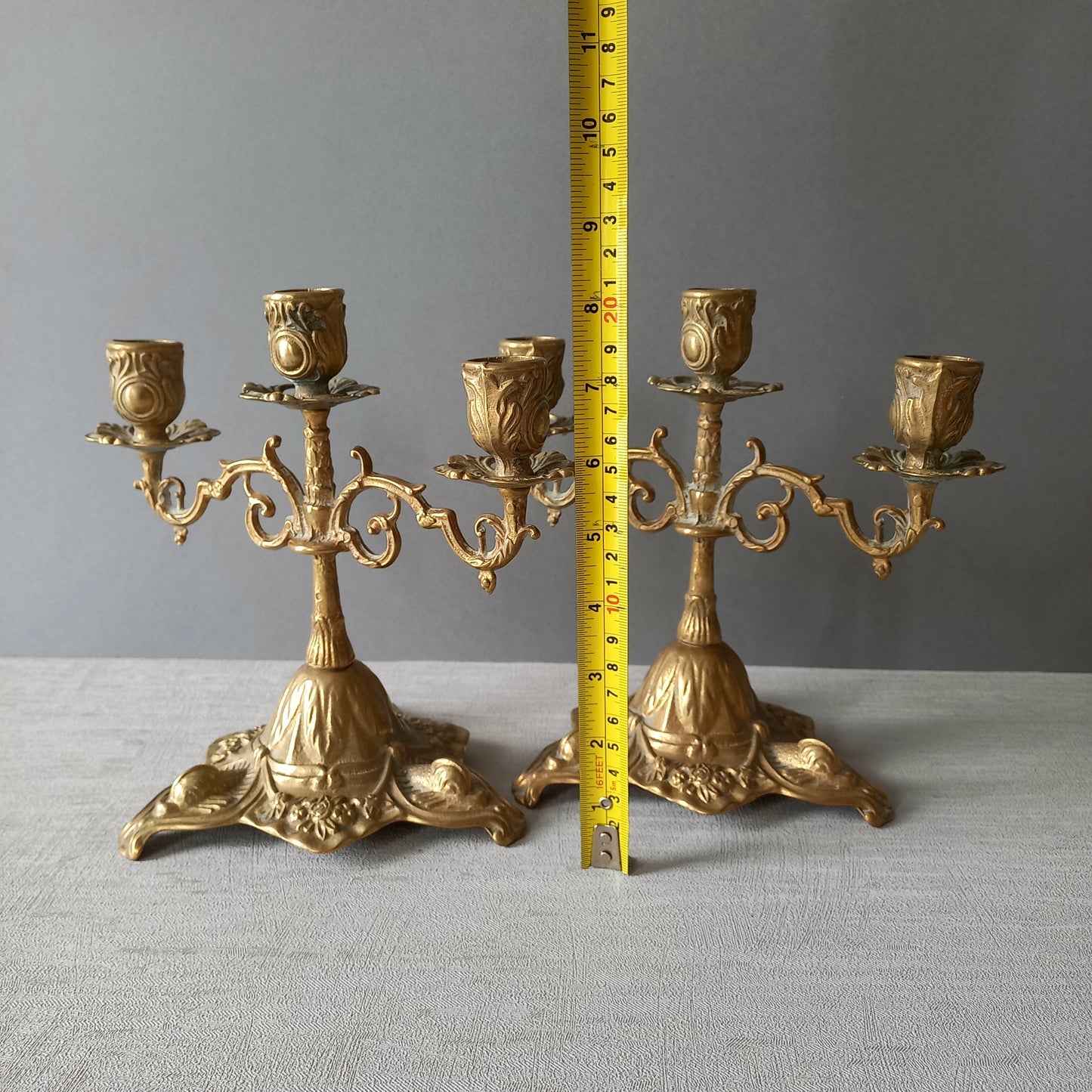 Vintage brass/bronze candle holders, pair of french candelabras