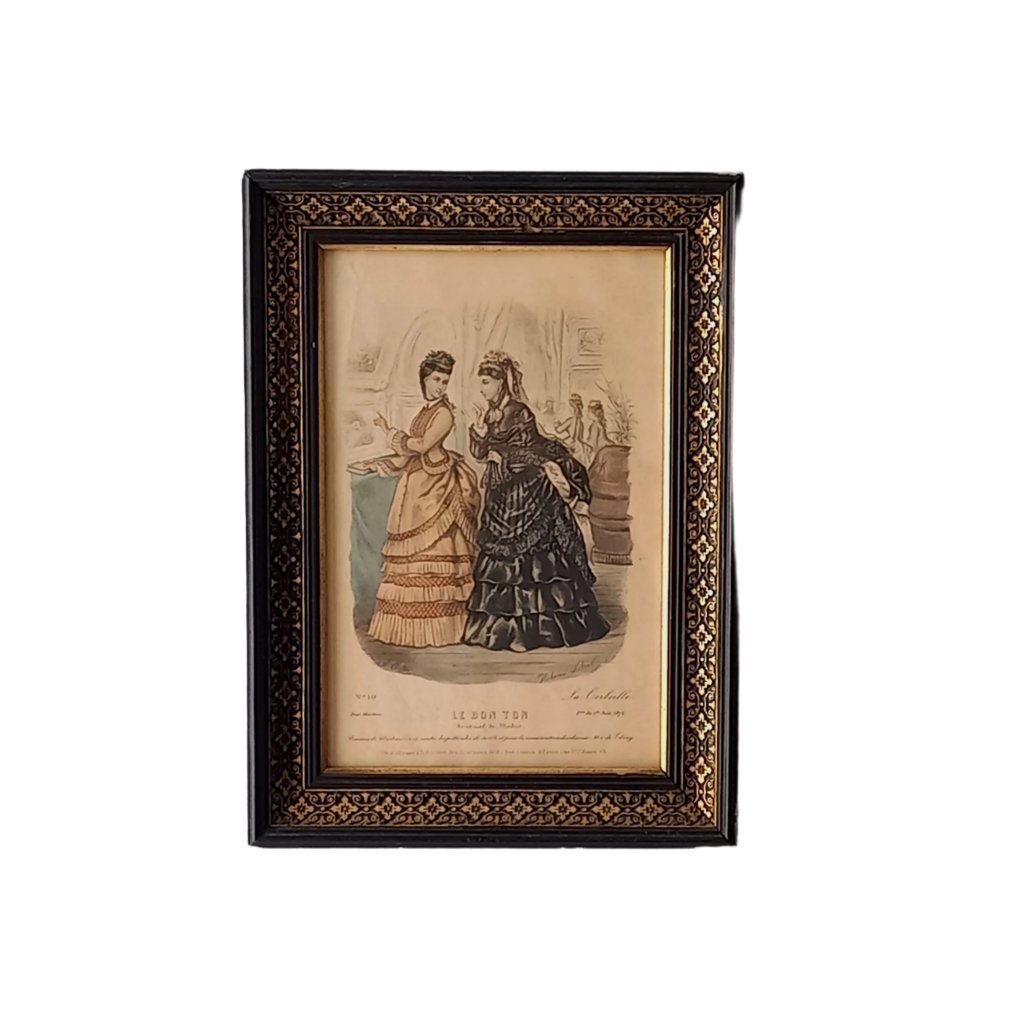 Gravure de mode de robe de femme antique française dans un cadre noir décoratif, mode féminine des années 1870, décoration murale de mode,