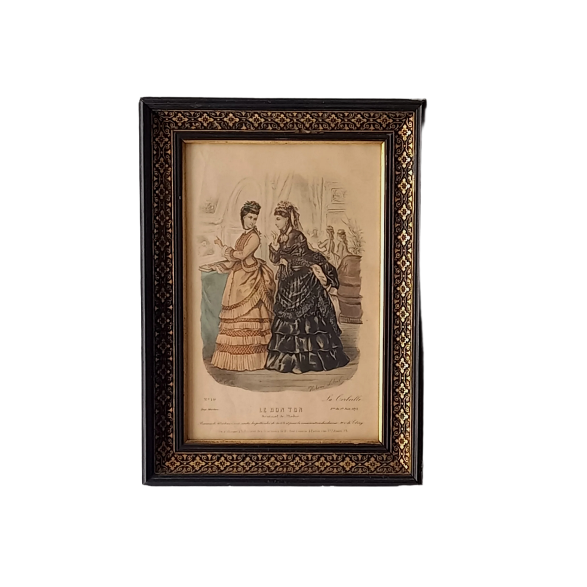 Gravure de mode de robe de femme antique française dans un cadre noir décoratif, mode féminine des années 1870, décoration murale de mode,