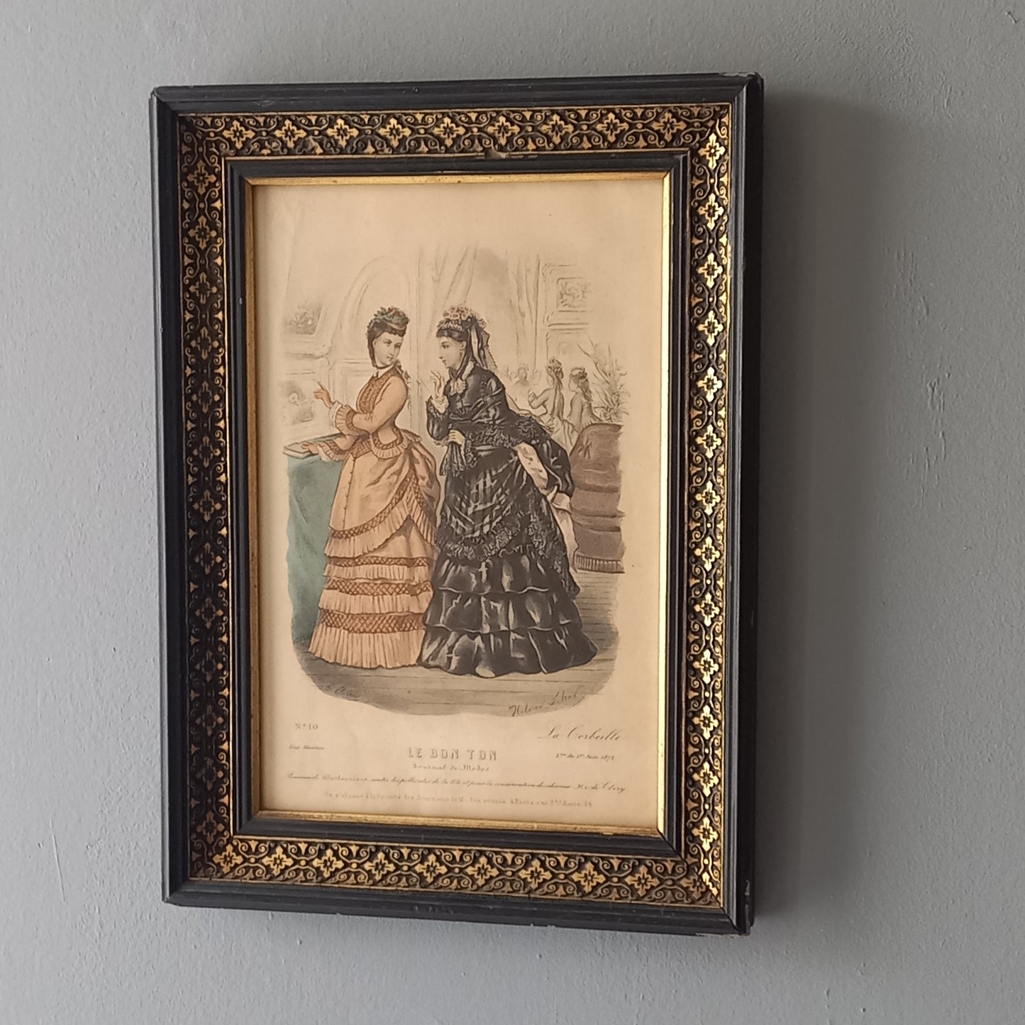 French antique women's period dress fashion print in decorative black frame, 1870s women's fashion, fashion wall decor,