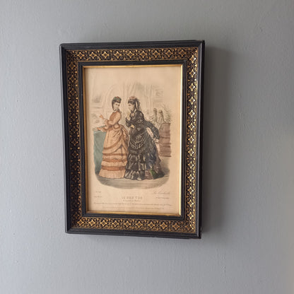 French antique women's period dress fashion print in decorative black frame, 1870s women's fashion, fashion wall decor,