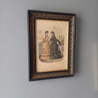 French antique women's period dress fashion print in decorative black frame, 1870s women's fashion, fashion wall decor,