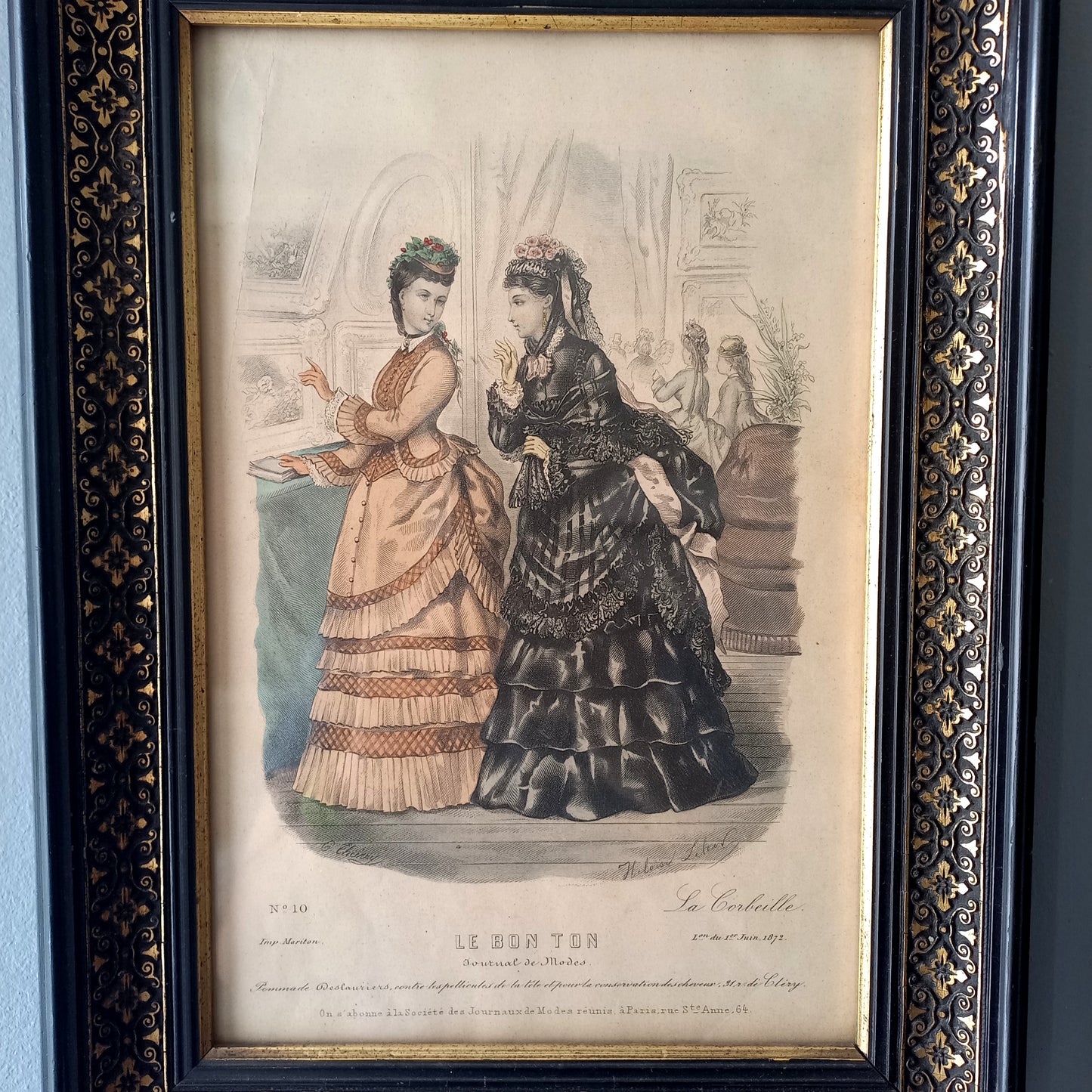 French antique women's period dress fashion print in decorative black frame, 1870s women's fashion, fashion wall decor,