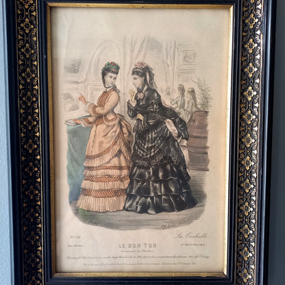 French antique women's period dress fashion print in decorative black frame, 1870s women's fashion, fashion wall decor,