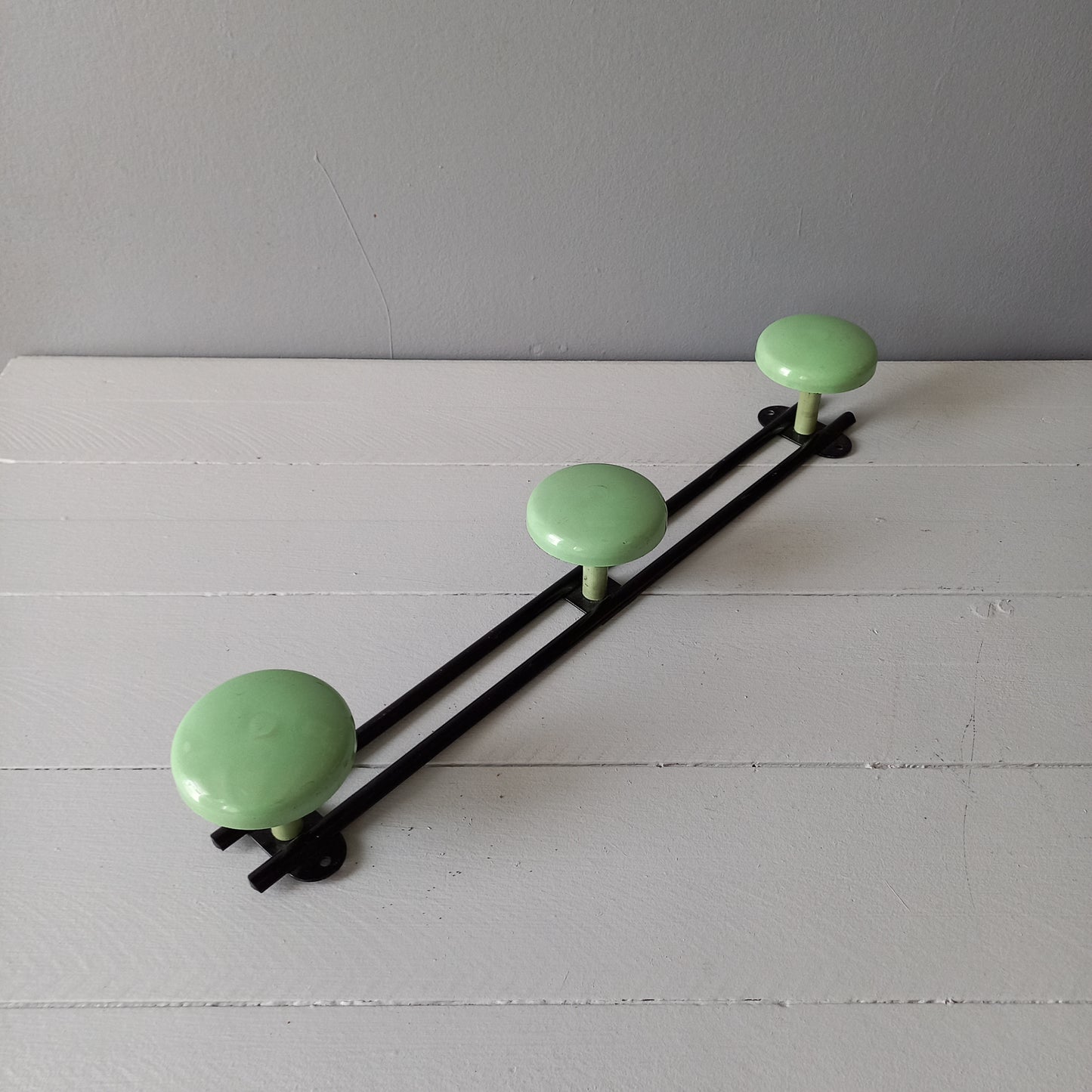 Vintage metal coat rack with 3 mint green/blue pegs from France, retro coat hook rack, mid-century style coat hanger