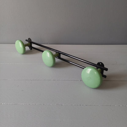 Vintage metal coat rack with 3 mint green/blue pegs from France, retro coat hook rack, mid-century style coat hanger