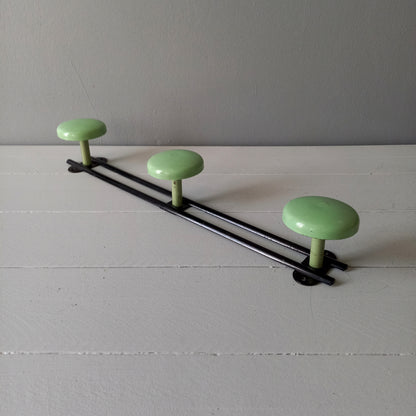 Vintage metal coat rack with 3 mint green/blue pegs from France, retro coat hook rack, mid-century style coat hanger