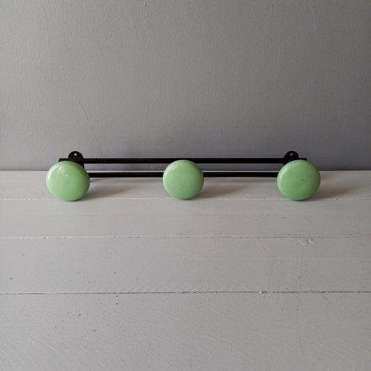 Vintage metal coat rack with 3 mint green/blue pegs from France, retro coat hook rack, mid-century style coat hanger