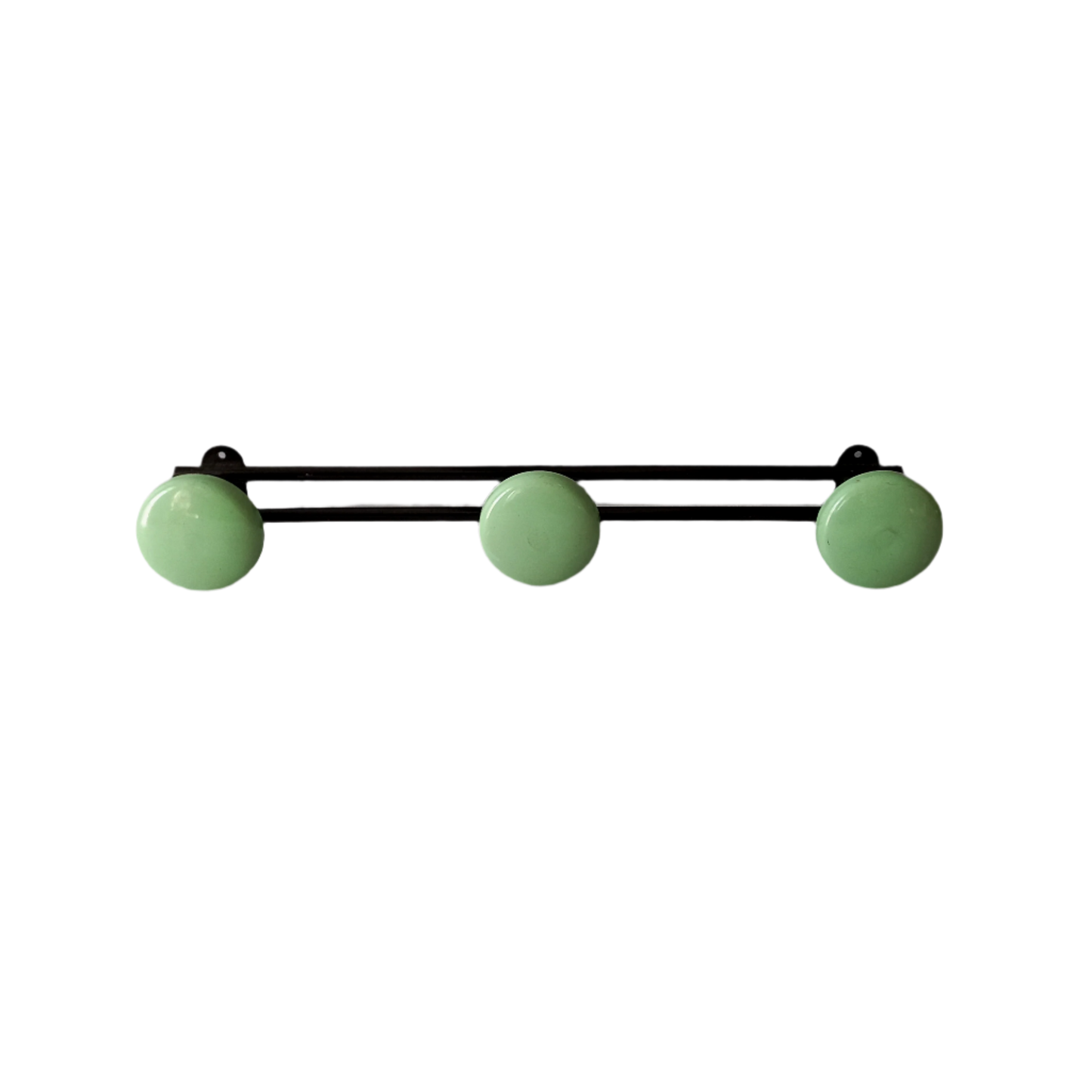 Vintage metal coat rack with 3 mint green/blue pegs from France, retro coat hook rack, mid-century style coat hanger