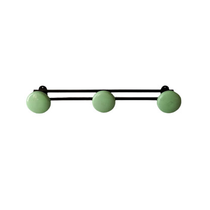 Vintage metal coat rack with 3 mint green/blue pegs from France, retro coat hook rack, mid-century style coat hanger