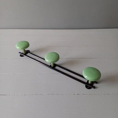 Vintage metal coat rack with 3 mint green/blue pegs from France, retro coat hook rack, mid-century style coat hanger