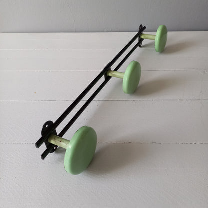 Vintage metal coat rack with 3 mint green/blue pegs from France, retro coat hook rack, mid-century style coat hanger