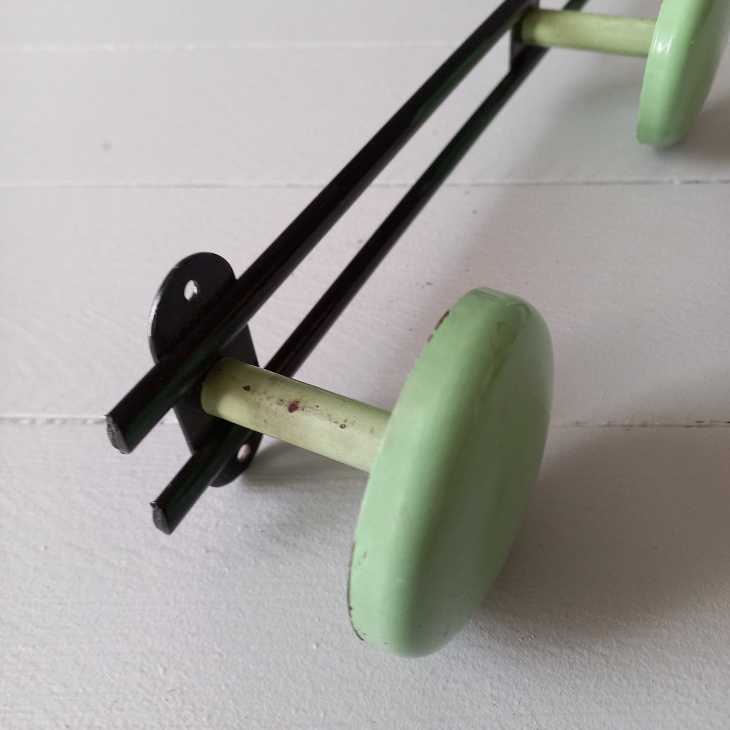 Vintage metal coat rack with 3 mint green/blue pegs from France, retro coat hook rack, mid-century style coat hanger