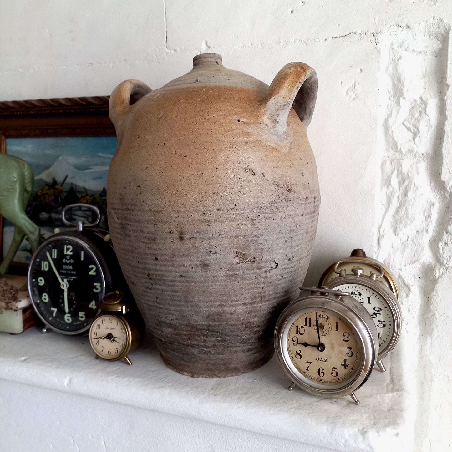 Grand pot à huile ou à eau en poterie vintage française, pot à huile en grès fait à la main, décoration de ferme rustique