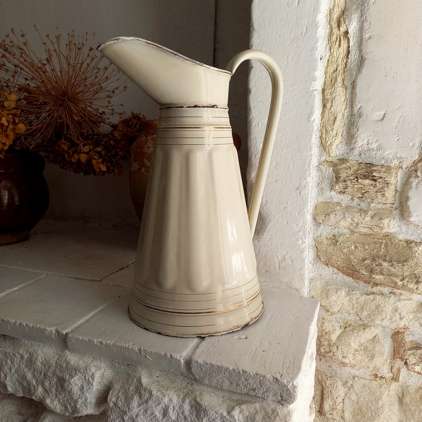 Large antique enamel pitcher in antique cream color with gold trim from France, large enamel jug, country kitchen and farmhouse decor