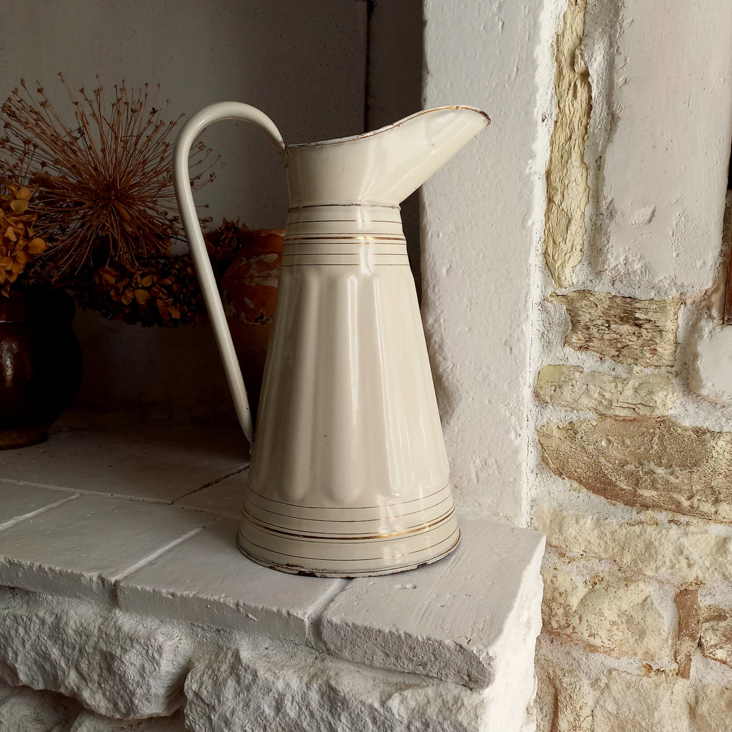 Large antique enamel pitcher in antique cream color with gold trim from France, large enamel jug, country kitchen and farmhouse decor