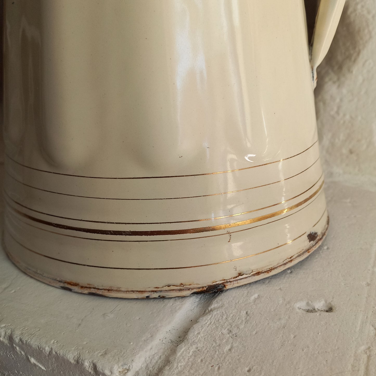 Large antique enamel pitcher in antique cream color with gold trim from France, large enamel jug, country kitchen and farmhouse decor